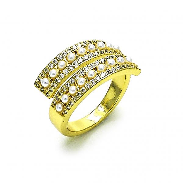 Anillo Multi Piedra 01.341.0095 Oro Laminado, con Micro Pave Blanca y PerlaMarfil, Pulido, Dorado