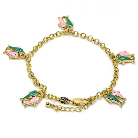 Pulsera de Dije 03.63.1360.07 Oro Laminado, Diseño de Pescado y Rolo, Diseño de Pescado, Esmaltado Multicolor, Dorado