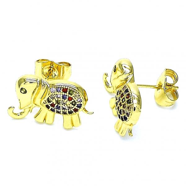 Arete Dormilona 02.284.0046 Oro Laminado, Diseño de Elefante, con Zirconia Cubica Multicolor, Pulido, Dorado