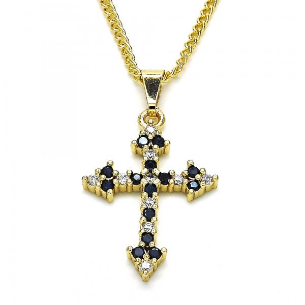 Collares con Dije 04.284.0010.2.22 Oro Laminado, Diseño de Cruz, con Zirconia Cubica Negro y Blanca, Pulido, Dorado