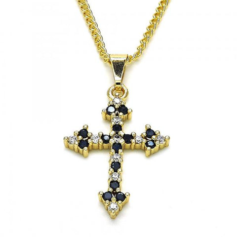Collares con Dije 04.284.0010.2.22 Oro Laminado, Diseño de Cruz, con Zirconia Cubica Negro y Blanca, Pulido, Dorado