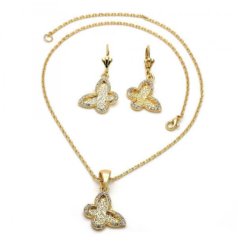 Collar y Arete 06.91.0019 Oro Laminado, Diseño de Mariposa y Filigrana, Diseño de Mariposa, con Cristal Blanca, Pulido, Dorado