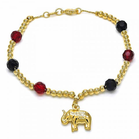 Pulsera de Dije 03.32.0228.07 Oro Laminado, Diseño de Elefante y Bola, Diseño de Elefante, con Azavache Negro y CristalRubi, Pulido, Dorado