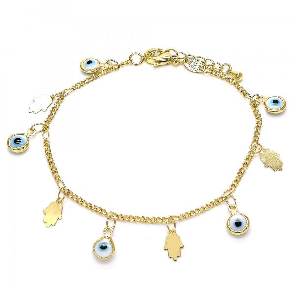 Pulsera de Dije 03.169.0005.08 Oro Laminado, Diseño de Ojo Griego y Mano de Dios, Diseño de Ojo Griego, Resinado Blanco, Dorado