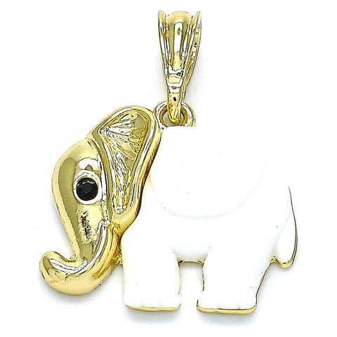 Dije Elegante 05.380.0119 Oro Laminado, Diseño de Elefante, con Cristal Negro, Resinado Blanco, Dorado