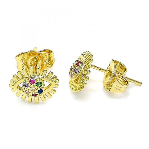 Arete Dormilona 02.156.0542.1 Oro Laminado, Diseño de Ojo Griego, con Micro Pave Multicolor, Pulido, Dorado