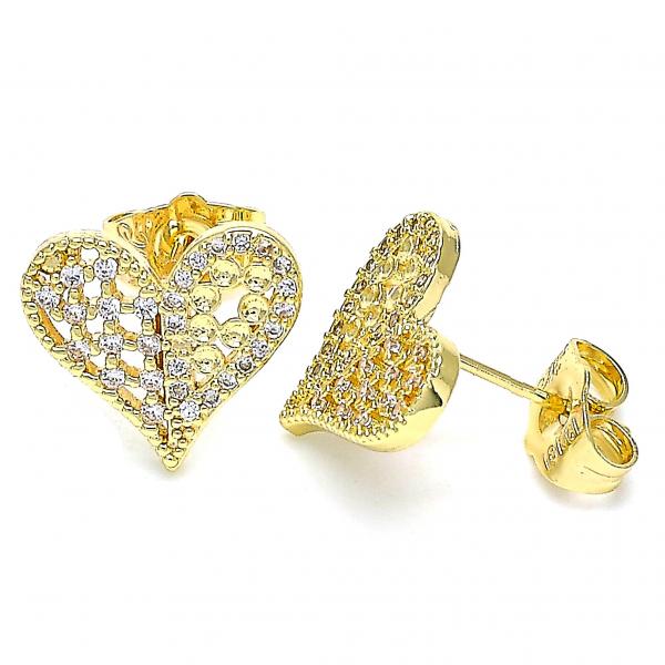 Arete Dormilona 02.156.0492 Oro Laminado, Diseño de Corazon, con Micro Pave Blanca, Pulido, Dorado