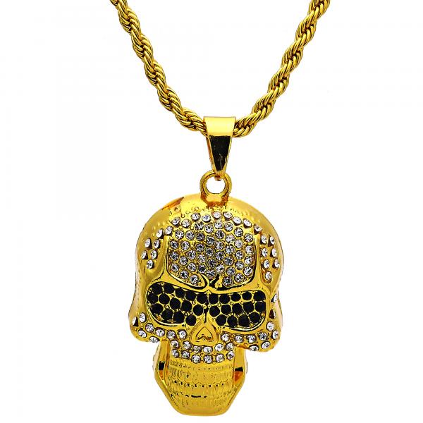 Collares con Dije 04.242.0014.30GT Tono Dorado, Diseño de Rope y Calavera, Diseño de Rope, con Cristal Blanca y Negro, Pulido, Dorado