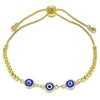 Pulsera Bolo Ajustable 03.63.2216.1.11 Oro Laminado, Diseño de Ojo Griego y Bola, Diseño de Ojo Griego, con Zirconia Cubica Blanca, Resinado Azul, Dorado