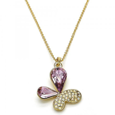 Collares con Dije 04.239.0043.5.18 Oro Laminado, Diseño de Mariposa, con Cristales de Swarovski Cyclamen Opal y Aurore Boreale, Pulido, Dorado
