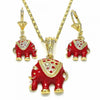 Juego de Arete y Dije de Adulto 10.351.0004.3 Oro Laminado, Diseño de Elefante, con Cristal Blanca, Esmaltado Rojo, Dorado
