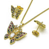 Juego de Arete y Dije de Adulto 10.284.0027 Oro Laminado, Diseño de Mariposa, con Zirconia Cubica Multicolor, Pulido, Dorado
