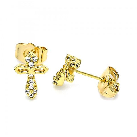 Arete Dormilona 02.310.0049 Oro Laminado, Diseño de Cruz, con Micro Pave Blanca, Pulido, Dorado