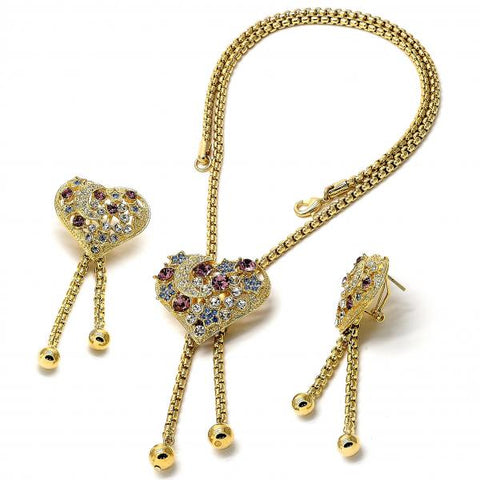 Collar y Arete 06.59.0091.1 Oro Laminado, Diseño de Corazon y Luna, Diseño de Corazon, con Cristal Multicolor, Pulido, Dorado