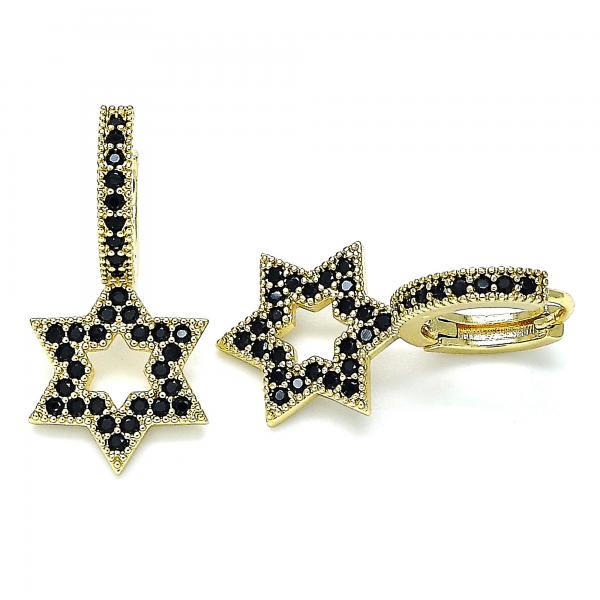 Argolla Huggie 02.210.0472.5.15 Oro Laminado, Diseño de Estrella de Davi, con Micro Pave Negro, Pulido, Dorado