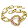 Pulsera Elegante 03.59.0056.08 Oro Laminado, Diseño de Corazon, con Cristal Fucsia, Pulido, Dorado