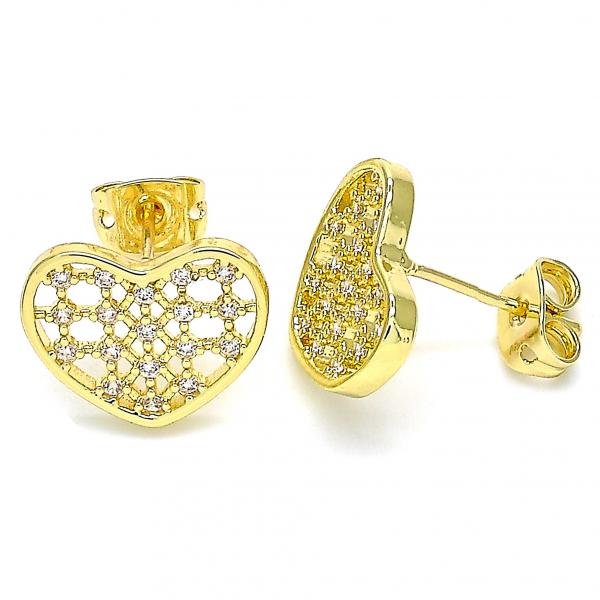 Arete Dormilona 02.156.0476 Oro Laminado, Diseño de Corazon, con Micro Pave Blanca, Pulido, Dorado