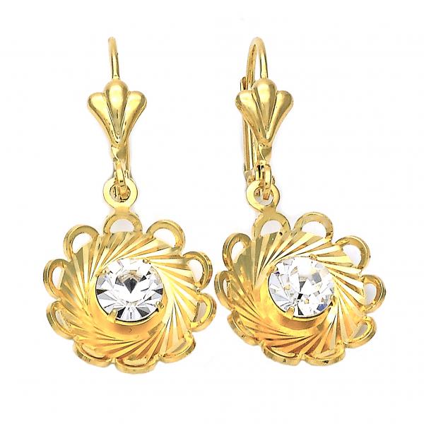 Arete Colgante 02.32.0275 Oro Laminado, Diseño de Flor, con Zirconia Cubica Blanca, Diamantado, Tono Dorado