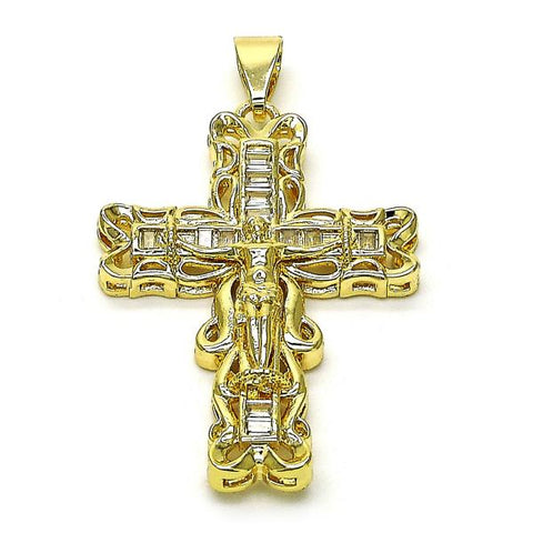 Dije Religioso 05.253.0180 Oro Laminado, Diseño de Crucifijo y Baguette, Diseño de Crucifijo, con Zirconia Cubica Blanca, Pulido, Dorado