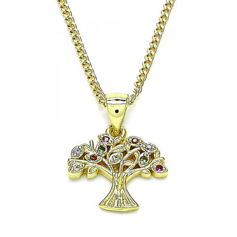 Collares con Dije 04.156.0427.20 Oro Laminado, Diseño de Arbol, con Micro Pave Multicolor, Pulido, Dorado