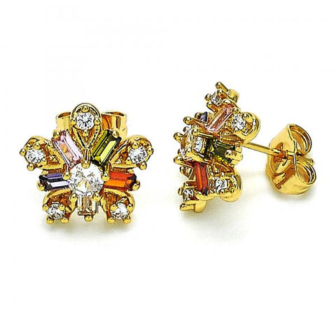 Arete Dormilona 02.387.0089.1 Oro Laminado, Diseño de Flor, con Zirconia Cubica Multicolor, Pulido, Dorado