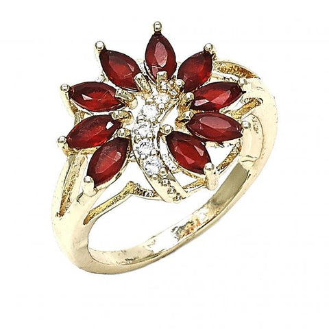 Anillo Multi Piedra 01.210.0097.1.06 Oro Laminado, Diseño de Flor, con Zirconia Cubica Rubi y Blanca, Pulido, Dorado