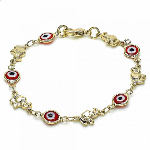 Pulsera Elegante 03.326.0010.1.06 Oro Laminado, Diseño de Ojo Griego y Elefante, Diseño de Ojo Griego, Resinado Rojo, Dorado