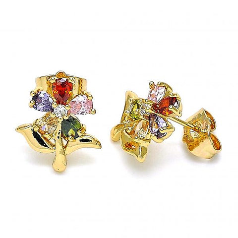 Arete Dormilona 02.387.0077 Oro Laminado, Diseño de Flor, con Zirconia Cubica Multicolor, Pulido, Dorado
