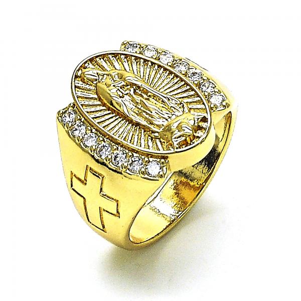 Anillo Multi Piedra 01.380.0019.09 Oro Laminado, Diseño de Guadalupe y Cruz, Diseño de Guadalupe, con Zirconia Cubica Blanca, Pulido, Dorado