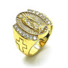 Anillo Multi Piedra 01.380.0019.09 Oro Laminado, Diseño de Guadalupe y Cruz, Diseño de Guadalupe, con Zirconia Cubica Blanca, Pulido, Dorado