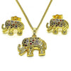 Juego de Arete y Dije de Adulto 10.284.0026.1 Oro Laminado, Diseño de Elefante, con Micro Pave Multicolor y Negro, Pulido, Dorado