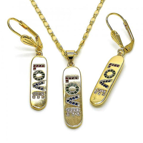 Juego de Arete y Dije de Adulto 10.196.0072 Oro Laminado, Diseño de Con Nombre y Amor, Diseño de Con Nombre, con Micro Pave Multicolor, Pulido, Dorado