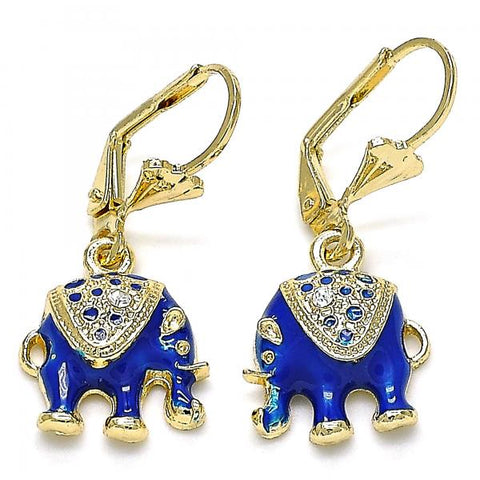Arete Colgante 02.351.0058.4 Oro Laminado, Diseño de Elefante, con Cristal Blanca, Esmaltado Azul, Dorado