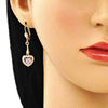 Arete Largo 02.387.0043 Oro Laminado, Diseño de Corazon, con Zirconia Cubica Rosado y Blanca, Pulido, Dorado