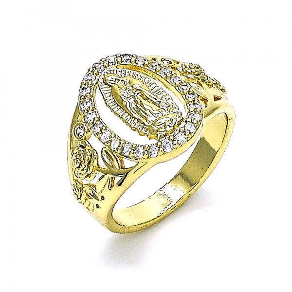 Anillo Multi Piedra 01.380.0025.09 Oro Laminado, Diseño de Guadalupe y Flor, Diseño de Guadalupe, con Zirconia Cubica Blanca, Pulido, Dorado