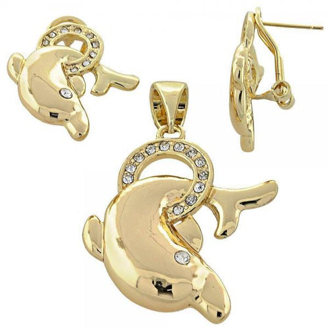 Juego de Arete y Dije de Adulto 5.040.009 Oro Laminado, Diseño de Delfin, con Cristal Blanca, Pulido, Dorado