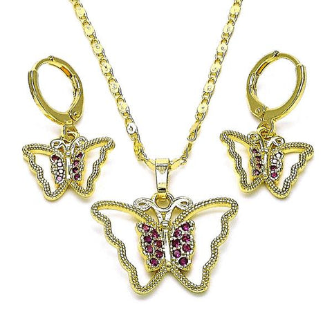 Juego de Arete y Dije de Adulto 10.196.0119 Oro Laminado, Diseño de Mariposa, con Micro Pave Rubi, Pulido, Dorado