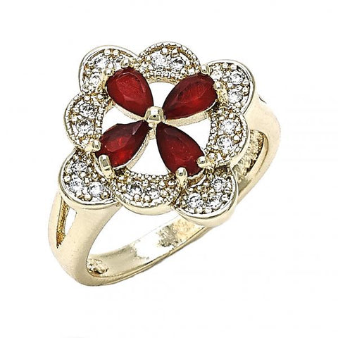 Anillo Multi Piedra 01.210.0093.1.06 Oro Laminado, Diseño de Flor, con Zirconia Cubica Rubi y Blanca, Pulido, Dorado