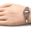 Pulsera Elegante 03.380.0084.08 Oro Laminado, Diseño de Guadalupe y Flor, Diseño de Guadalupe, con Cristal Multicolor, Pulido, Tricolor