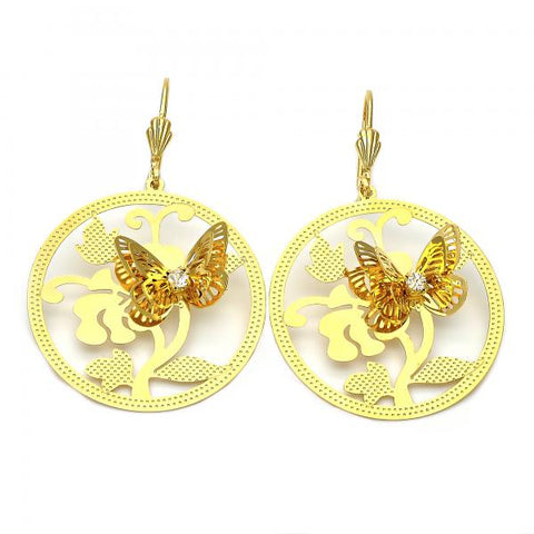 Arete Colgante 5.093.004 Oro Laminado, Diseño de Mariposa y Flor, Diseño de Mariposa, con Zirconia Cubica Blanca, Diamantado, Dorado