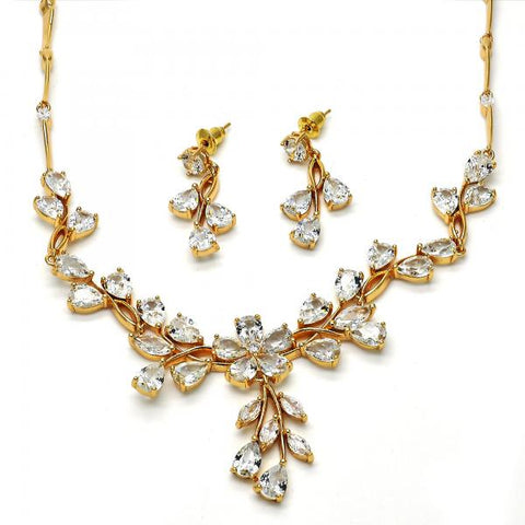 Collar y Arete 06.205.0004 Oro Laminado, Diseño de Flor y Oja, Diseño de Flor, con Zirconia Cubica Blanca, Pulido, Dorado