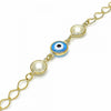 Pulsera Elegante 03.09.0068.1.07 Oro Laminado, Diseño de Ojo Griego, con Perla Blanca, Pulido Azul, Dorado