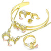 Collar, Pulso, Arete y Anillo 06.361.0021 Oro Laminado, Diseño de Delfin, con Cristal Rosado, Pulido, Tricolor