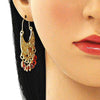 Arete Largo 02.380.0057.1 Oro Laminado, Diseño de Elefante y Ojo Griego, Diseño de Elefante, Resinado Rojo, Dorado