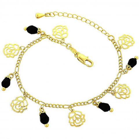 Pulsera de Dije 03.63.0179.08 Oro Laminado, Diseño de Flor, con Cristal Negro, Diamantado, Dorado