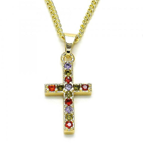 Collares con Dije 04.284.0007.3.22 Oro Laminado, Diseño de Cruz, con Zirconia Cubica Multicolor, Pulido, Dorado