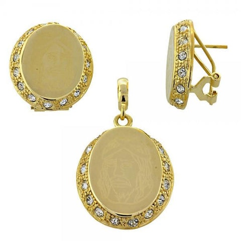 Juego de Arete y Dije de Adulto 10.59.0162 Oro Laminado, Diseño de Jesus, con Zirconia Cubica Blanca, Dorado