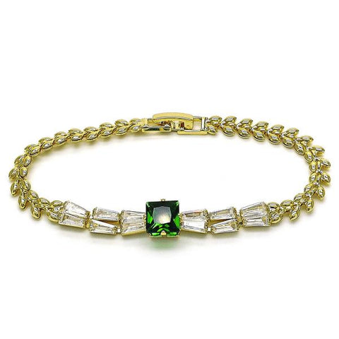 Pulsera Elegante 03.283.0373.07 Oro Laminado, Diseño de Baguette y Oja, Diseño de Baguette, con Zirconia Cubica Verde y Blanca, Pulido, Dorado