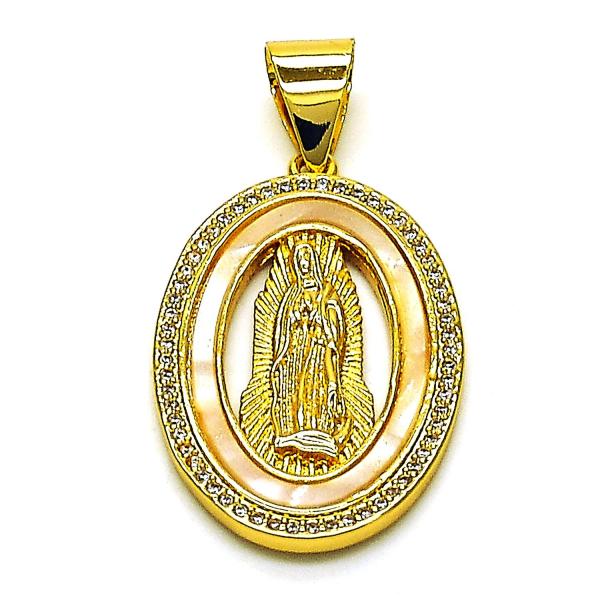 Dije Religioso 05.342.0162 Oro Laminado, Diseño de Guadalupe, con Madre Perla Marfil y Micro PaveBlanca, Pulido, Dorado