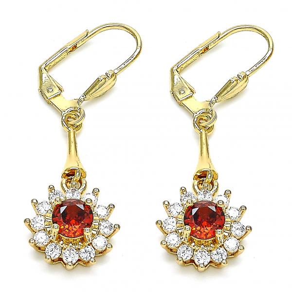 Arete Largo 02.387.0055.1 Oro Laminado, Diseño de Flor, con Zirconia Cubica Granate y Blanca, Pulido, Dorado